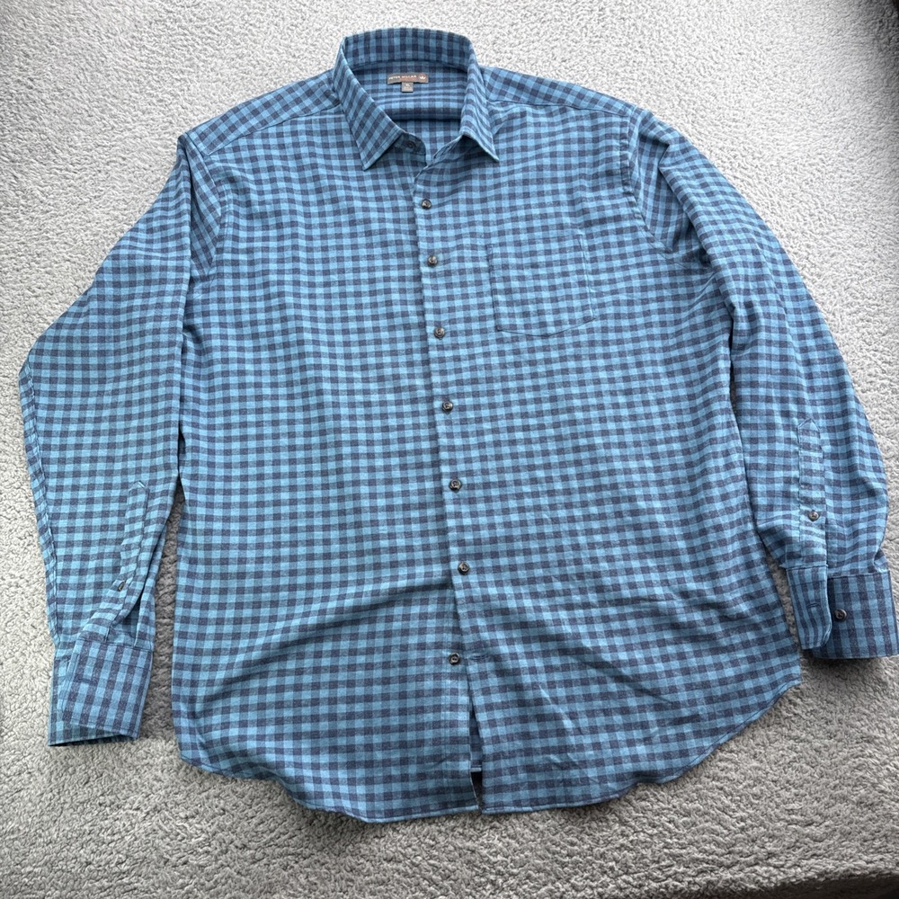 Peter Millar Flannel Shirt Mens XL Crown Sport Navy Blue Plaid Casual